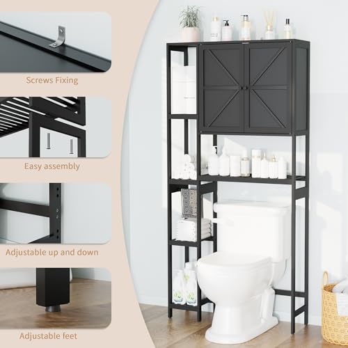 Bamboo Over The Toilet Storage, Above Toilet Organizer Storage Shelf Stand, Tall Freestanding Behind Toilet Rack, Tiered Bathroom Space Saver Shelving, Easy Assembly (Black) - color: Black