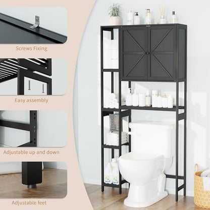 Bamboo Over The Toilet Storage, Above Toilet Organizer Storage Shelf Stand, Tall Freestanding Behind Toilet Rack, Tiered Bathroom Space Saver Shelving, Easy Assembly (Black) - color: Black
