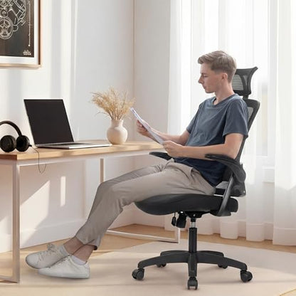 NEO CHAIR Office Desk Chair Gaming Computer High Back Support Mesh Comfy Seat with Adjustable Ergonomic Headrest Lumbar Rolling Flip-up Armrests and Wheels (Black) - color: Black