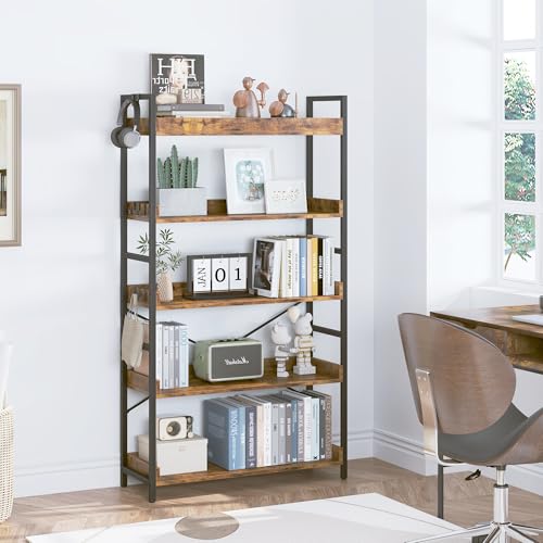 HCHQHS 5 Tier Bookshelf, Adjustable Industrial Bookcase, Vertical Tall Book Shelf, Wood and Black Metal Open Bookshelves for Home Office, Living Room, Bedroom - color: Rustic Brown, size: 5-Tier (31.5"W x 57"H)