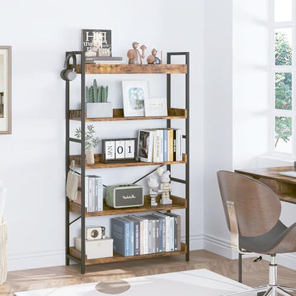 HCHQHS 5 Tier Bookshelf, Adjustable Industrial Bookcase, Vertical Tall Book Shelf, Wood and Black Metal Open Bookshelves for Home Office, Living Room, Bedroom - color: Rustic Brown, size: 5-Tier (31.5"W x 57"H)