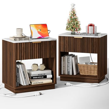 Fluted Nightstand, Night Stand Set 2, 23" Wide Walnut Nightstands Set of 2 with Charging Station & Faux Marble Top, Large Modern End Table with Drawer, Bedside Table for Bedroom Living Room - color: Walnut + Faux Marble Top, size: 1 Drawer（23"W）