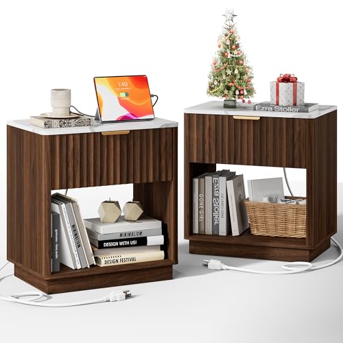Fluted Nightstand, Night Stand Set 2, 23" Wide Walnut Nightstands Set of 2 with Charging Station & Faux Marble Top, Large Modern End Table with Drawer, Bedside Table for Bedroom Living Room - color: Walnut + Faux Marble Top, size: 1 Drawer（23"W）