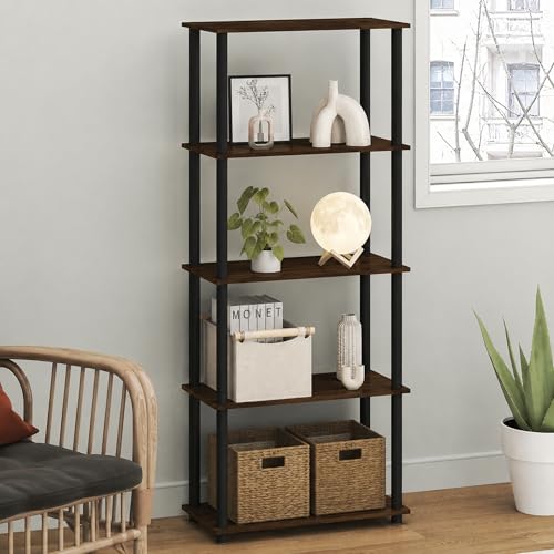 Furinno Turn-N-Tube Toolless Assembly 5-Tier Storage Shelves, Rustic Brown Book Shelf, Open Storage Bookshelf, for Organization and Storage, Living Room, Home Office, Bedroom, Brown Walnut - color: Brown Walnut/Black