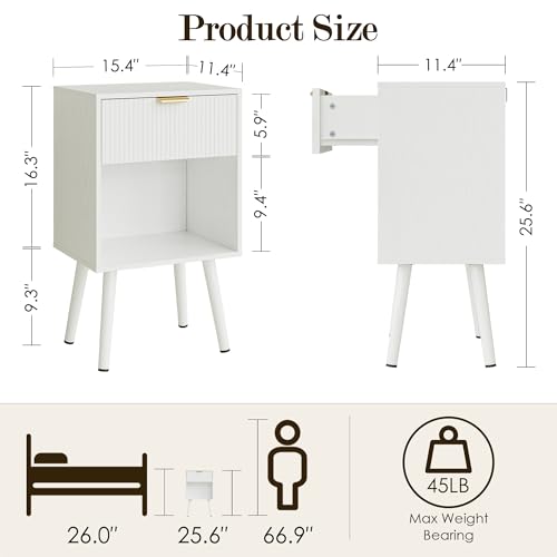 White Fluted Nightstand, Modern Bedside Table with Storage Drawer, Wood Night Stand Side End Table for Bedroom, Living Room, Office - color: White
