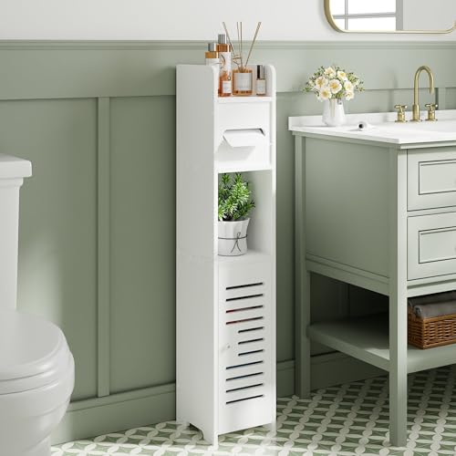 VECELO Storage Cabinet for Small Spaces,Skinny Toilet Paper Holder Stand with Anti-Drop Fence and Roller Storage, White - size: CV1