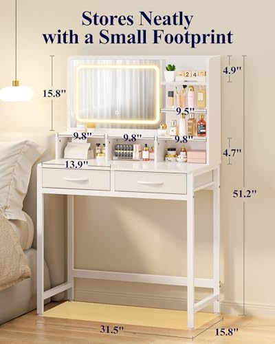 Kitsure Small Makeup Vanity with Lights, Open Shelves, Fabric Drawers | Bedroom, Gifting, 3 Lighting Modes, Stable Frame, 31.5" x 15.8" x 51.2"