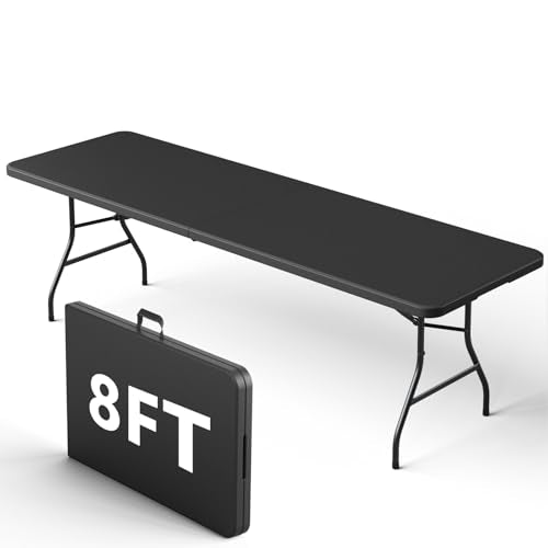 8FT Folding Table, Heavy Duty Plastic Fold-in-Half Utility Table with Handle, Portable Camping Picnic Table with Steel Legs for Indoor Outdoor Party, Dining, BrownBlack - color: Black, size: 8FT
