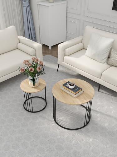 YORKING Nesting Coffee Table Set of 2, Round Table Set, Morden End Side Night Stand for Bedroom Dining Room （Wood） - color: Wood
