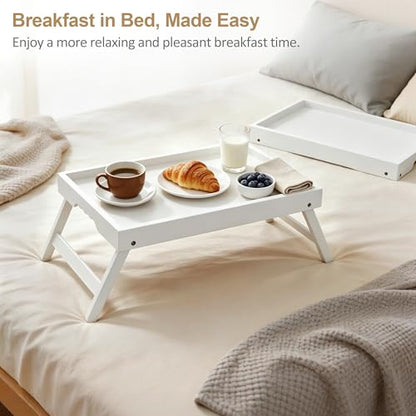 Breakfast Tray with Folding Legs Set of 2, Bamboo Bed Tray Table 15.7" Foldable TV Dinner Tray with Ergonomic Wave Handles for Bed Couch Sofa, Breakfast, Snacks, Coffee, White - color: White, size: Medium