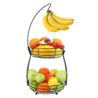 2 Tier Fruit Bowl, Stackable Fruit Basket-Vegetable Holder, Large Capacity Thick Metal Wire Basket with Banana Hanger, Kitchen Countertop Fruit Veggies Storage, Black