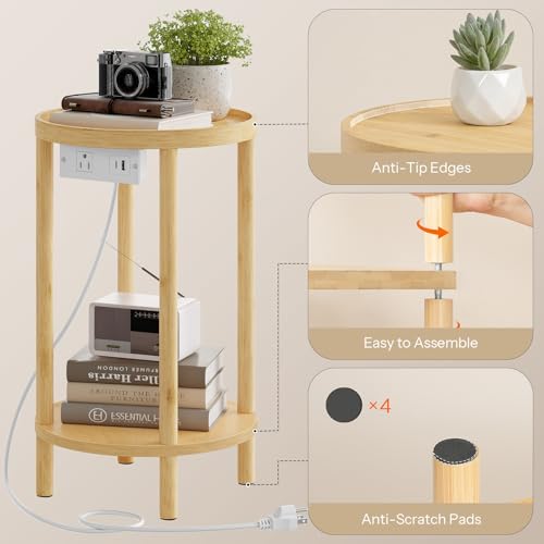 HOOBRO Set of 2 Small Round Side Tables with Charging Station, 2-Tier Round Bamboo End Tables, Easy Assembly, for Living Room, Bedroom, Apartment, Natural YL156UBZP201 - color: Natural