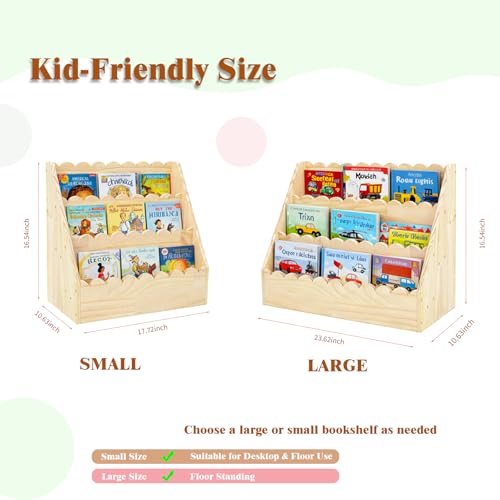 Kids Bookshelf-3-Tier Wooden Book Shelf for Kids Rooms 17.72*16.54*10.63in | Nursery&Toddlers Montessori Bookcase with Deep Storage Pockets, Baby Book Storage,Children's Bookshelf for Nursery&Bedroom - size: Small