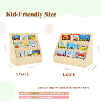 Kids Bookshelf-3-Tier Wooden Book Shelf for Kids Rooms 17.72*16.54*10.63in | Nursery&Toddlers Montessori Bookcase with Deep Storage Pockets, Baby Book Storage,Children's Bookshelf for Nursery&Bedroom - size: Small