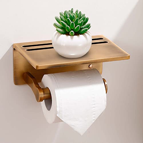 Toilet Paper Holder with Shelf, Aluminum Tissue Roll Dispenser with Mobile Phone Storage Shelf for Bathroom, 3M Self Adhesiv or Wall-Mounted with Screws, Antique Brass - color: Brass Antique
