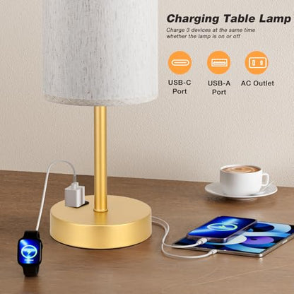 Touch Table Lamp - Cream, 3-Way Dimmable, USB A + C Charging, AC Outlet, 17.4inch Medium, Gold Metal Base - color: Cream - Gold, size: 17.4" Touch Control
