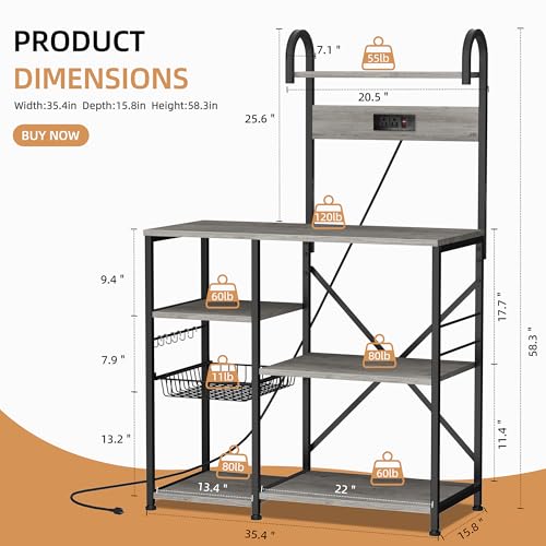 Shintenchi Kitchen Bakers Rack with Power Outlet, Multifunctional Organizer & Storage with 6 Hooks, Microwave Oven Stand, and Coffee Station Shelf, Black - color: Black