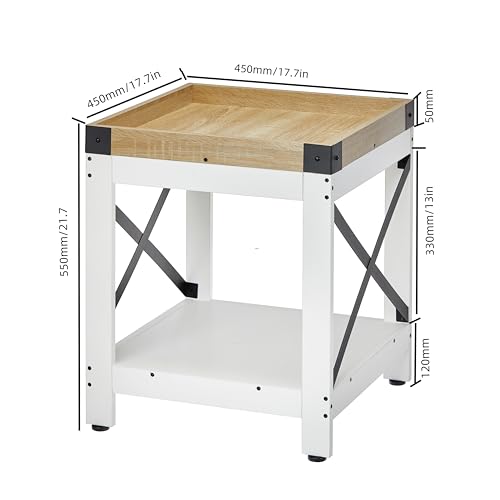 Farmhouse Square 2 Tier Side Table with Charging Station,White+Oak | End Table Sofa Table With X-Metal Frame Industrial Coffee Table Nightstand for Living Room Bedroom Small Spaces - color: White+oak, style: With Outlets