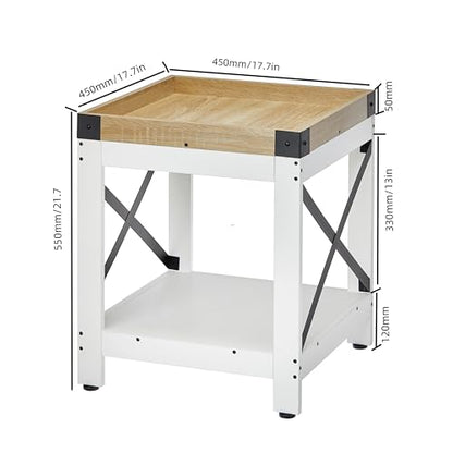 Farmhouse Square 2 Tier Side Table with Charging Station,White+Oak | End Table Sofa Table With X-Metal Frame Industrial Coffee Table Nightstand for Living Room Bedroom Small Spaces - color: White+oak, style: With Outlets