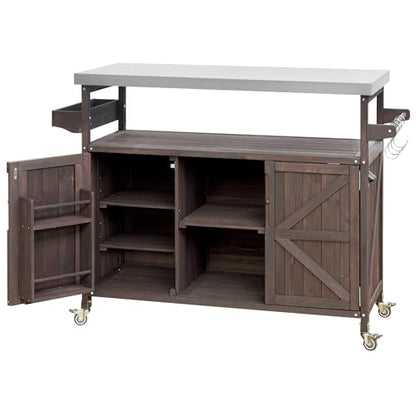 Merax 50" Outdoor Kitchen Grill Cart Island on Wheels with Stainless Steel Top,Farmhouse Style Solid Wood Frame Storage Cabinet for Backyard - color: Dark Brown