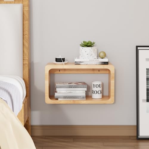 Bamboo Floating Nightstand with Storage Drawer and Modern Open Shelf Cubby，Bedroom, Living Room, Kitchen, Tool Room for use. (Natural, Prepare for Departure) - color: Natural, size: Prepare for departure