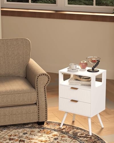 Leomonio White Nightstand, Modern Bedside Table with 2 Storage Drawer and Open Wood Shelf, for Bedroom and Small Spaces, Night Stand with Solid Wood Legs - color: White