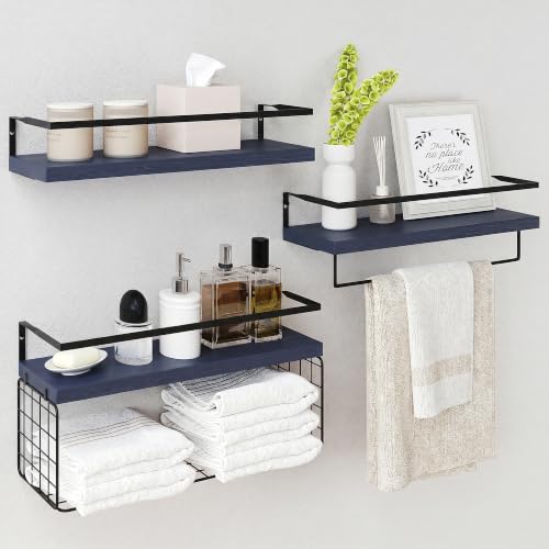Wood Floating Shelves Wall Mounted - 3+1 Tier Rustic Bathroom Shelves Over Toilet with Wire Storage Basket &Towel Bar, Set of 3 Farmhouse Floating Shelf for Bathroom,Kitchen,Bedroom,Navy Blue. - color: 3-tier Navy Blue Floating Shelves, size: 3-Tier
