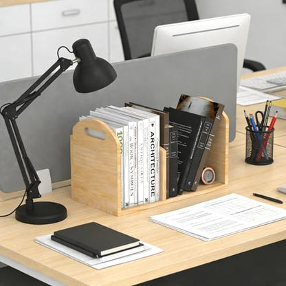 100% Solid Wood Adjustable Desktop Bookshelf, Retro Tabletop Book Shelf File Holder, Vertical Bookshelf Divider Desk Shelf for Home School Office Organization, Perfect for Books, Cookbooks, Magazine - color: Natural Beige