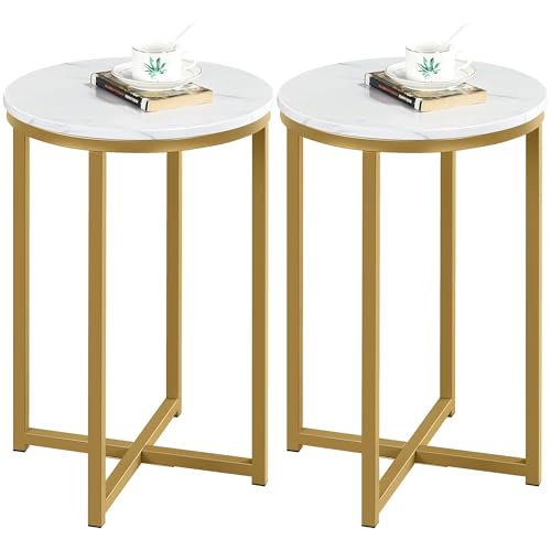 Yaheetech Round End Table Set of 2, 16 in Faux Marble Accent Table, Modern Side Table with Marble Top and Metal Frame, Coffee Table Telephone Table for Living Room/Small Space, Gold - color: Gold