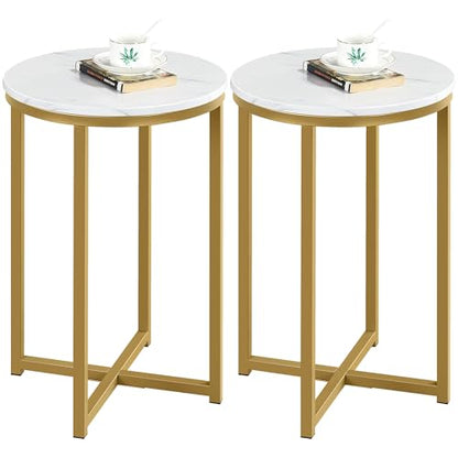 Yaheetech Round End Table Set of 2, 16 in Faux Marble Accent Table, Modern Side Table with Marble Top and Metal Frame, Coffee Table Telephone Table for Living Room/Small Space, Gold - color: Gold