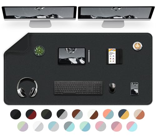 Dual-Sided Desk Mat, Large Desk Pad, Waterproof Smooth PU Leather Desk Blotter Protector Mouse Pad, Desk Organizers, Office/Home Table Decor for Reading and Writing (Black+Black, 47.2''×23.6'') - color: Black, size: 47.2'' × 23.6''