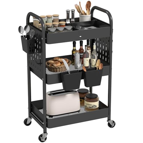 danpinera Craft Cart, Black Rolling Cart with Retractable Dividers & DIY Pegboards for Kitchen, Bedroom, Laundry - color: Black