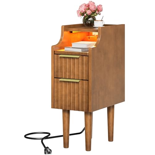 Fluted Narrow Nightstand with Charging Station, Solid Wood Night Stand with 2 Drawers, Walnut Mid Century Modern Led Nightstand, Small Beside Table with Open Storage Shelf for Bedroom （10 inch） - color: Walnut