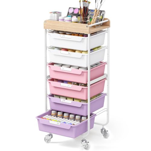 SYKIARIOL Utility Cart with 6 Labeling Drawers and Wooden Tabletop – Rolling Storage Cart for Crafters, Artists, Kids, Teachers, and Students – Organize Arts, Crafts, Sewing & Study Supplies - color: Dreamy Color, size: 6-Drawer