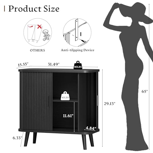 Sideboard Buffet Cabinet with Sliding Door, 31.5" Wide Fluted Modern Accent Storage Cabinet with Adjustable Shelves, Wood Coffee Bar Buffet Console Table for Kitchen, Dining Room, Living Room, Black - color: Black