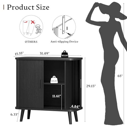 Sideboard Buffet Cabinet with Sliding Door, 31.5" Wide Fluted Modern Accent Storage Cabinet with Adjustable Shelves, Wood Coffee Bar Buffet Console Table for Kitchen, Dining Room, Living Room, Black - color: Black