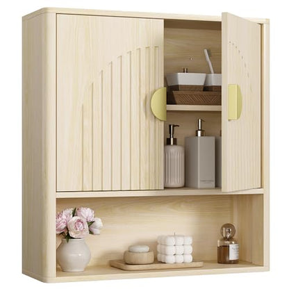 Lulive Bathroom Wall Cabinet with Adjustable Wood Shelf, Fluted Medicine Cabinet with 2 Doors, Over The Toilet Storage Cabinet for Laundry Room, Kitchen, Living Room, Natural