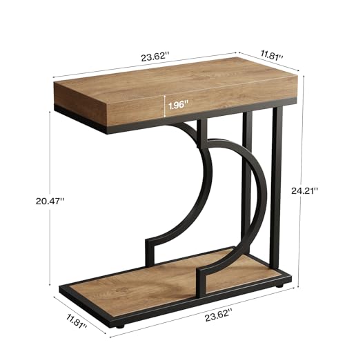 Tribesigns C Shaped Modern End Table for Coach with Metal Frame | Wood Grain, Small Side Table for Living Room, Nightstand for Bedroom, Light Brown&Black - color: Light Brown&black