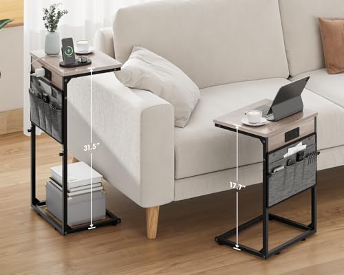 Vagusicc C-Shaped End Table Set of 2 with Charging Station, Small Side Table for Couch, Adjustable Height Couch Side Table, Slide Under Sofa Table TV Tray Tables for Living Room, Bedroom,Bedside, Gray - color: 2pc Greige
