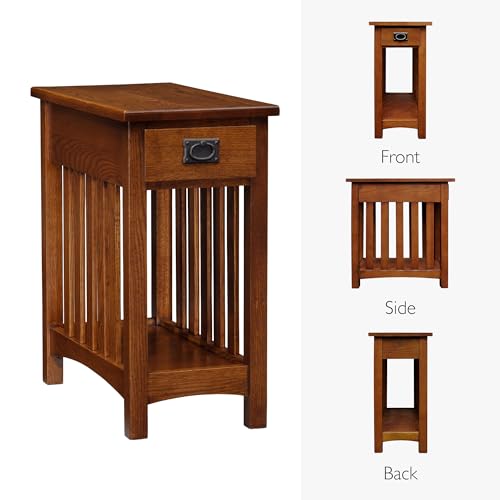 Leick Home Mission End Table, Solid Wood, 1 Storage Drawer, Bottom Display Shelf, Narrow, Slatted Sides, Easy-Assembly, Medium Oak, 22.5 in L x 12 in W x 24 in H, 8202 - color: Medium Oak / Blackened