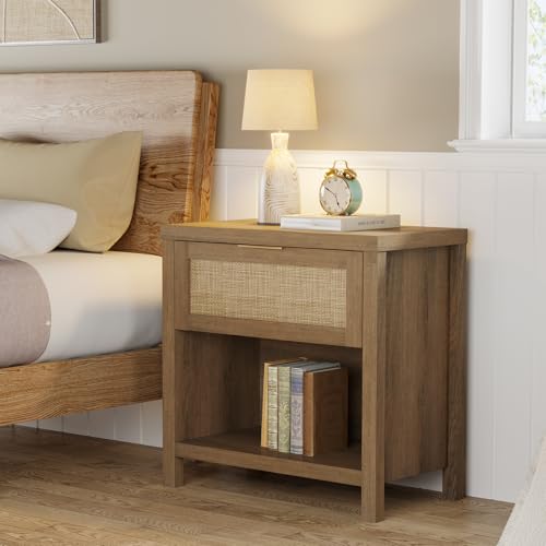 Eclatara Rattan Night Stands Set of 2, Boho Bedside Table with Drawer and Storage Shelf, Farmhouse Accent Nightstands Side Table for Bedroom Sofa Office (2, Reclaimed Caramel Oak) - color: Caramel Oak (Large 1 Drawer)