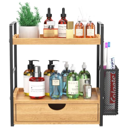 LEMIKKLE Bathroom Counter Organizer with Drawer and Basket,Wood Countertop Organizer for Bathroom Decor Makeup Tray for Perfume Skincare Bedroom Kitchen Corner - color: Light Brown With Drawer