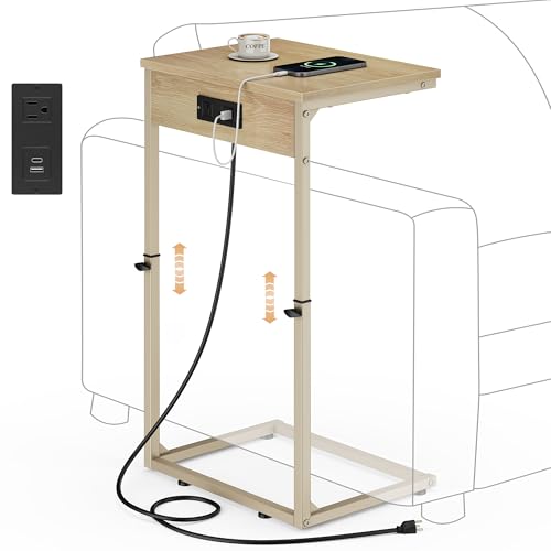 Vagusicc C Shaped End Table with Charging Station, Adjustable Height Side Table for Couch, Small Side Table, 33.2'' Tall Couch Tables that Slide Under, Tv Tray End Table for Living Room, Natural - color: Natural (1 Pack), style: With Plug