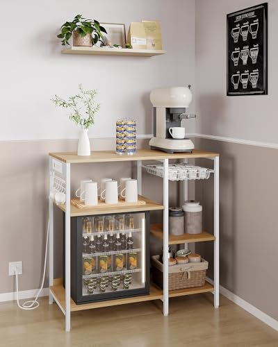 VASAGLE Baker's Rack, Coffee Bar Stand with Charging Station, 35.6 Inches Tall, Storage Shelves, Pull-Out Wire Basket, Table for Microwave, Kitchen, Oak Beige and Ink Black UKKS036Y09 - color: Oak Beige + Ink Black, style: With Power Outlet