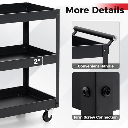 3-Tier Rolling Tool Cart, Mechanic Organizer Push Cart with 4 Universal Wheels & 2 Brakes, Heavy-Duty Metal Service Carts for Home, Kitchen, Warehouse, Garage (Black) - size: 3" Wheels