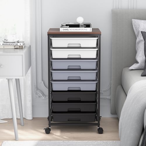 SYKIARIOL Rolling Cart with Drawers,Utility Cart With 8 Drawers and Wooden Tabletop for Living Room,Classroom,Bedroom,Bathroom,Dorm,Office,Dark Grey - color: Grey