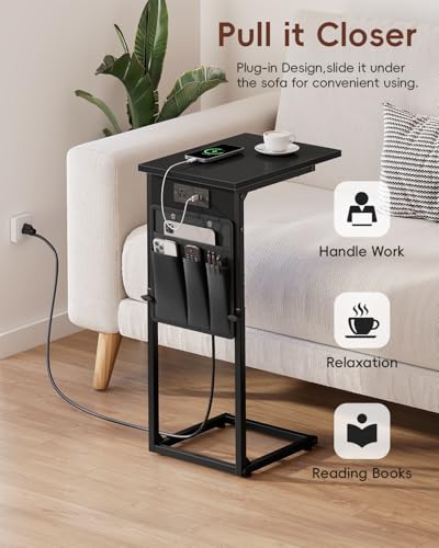 C-Shaped End Tables Set of 2 with Charging Station, 33'' Tall C Table Adjustable Height Side Table, Sofa Table for Couch, Couch Table that Slide Under Sofa, TV Trays for Living Room, Black - color: 2pc Black, style: With Plug