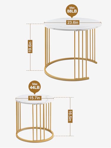 Nesting Coffee Table Set of 2, Round Table, Morden End Side Table Night Stand for Bedroom Dining Room (Marble White) - color: White