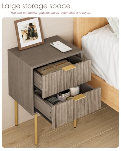 Nightstand,Small Bedside Table with Gold Frame,Grey Night Stand,Bedside Furniture,Side Table with 2 Drawers for Bedroom,Living Room (2Drawers, Grey) - color: Grey, style: 2Drawers