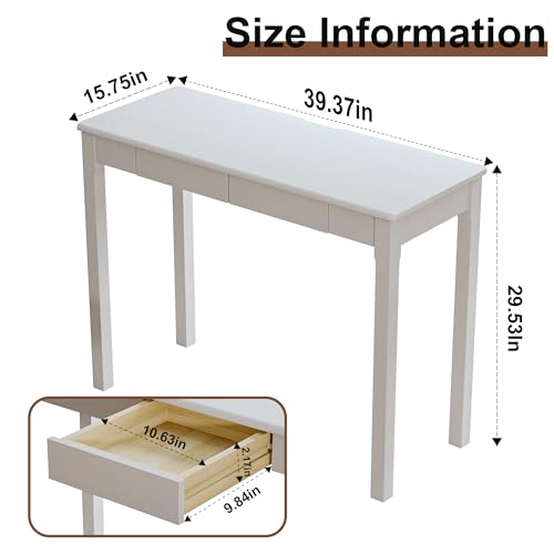Solid Wooden Desk with Drawers - 39 x 16 Inch Modern Narrow Desks, Rubberwood Simple Study Table, Small Writing Desk for Bedroom|Small Spaces - White Desks - color: White, size: 39.4 in W x 15.7 in D